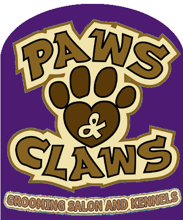 A purple background with the words paws and claws written in brown.